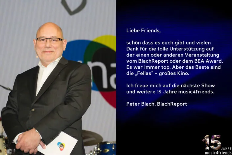 Gratulationskarte zum 15-jährigen Jubiläum von music4friends mit Glückwünschen.